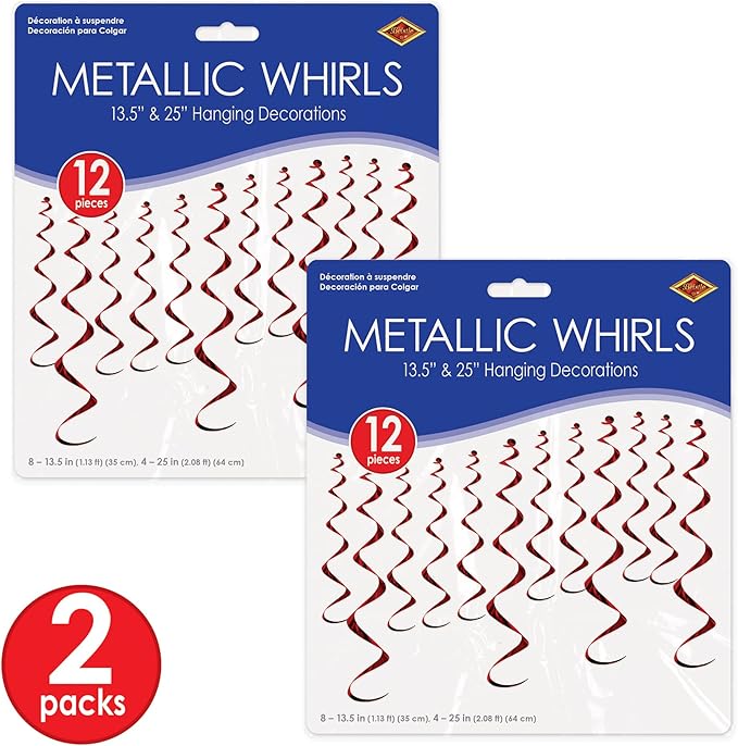 Beistle Burgundy Metallic Whirls – 24 Pack Hanging Spiral Decorations in Maroon for Ceiling Displays, Birthday Party Rooms, Graduations, Sporting Events, Team Spirit and School Pride, 13.5" & 25"