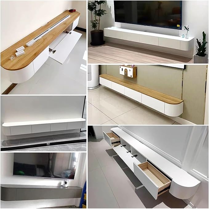 Modern Wall-Mounted Wooden TV Cabinet, Storage Shelf with Drawers & Cable Management, Stylish Media Console Table, White Entertainment Center (C, 220x24x20cm)