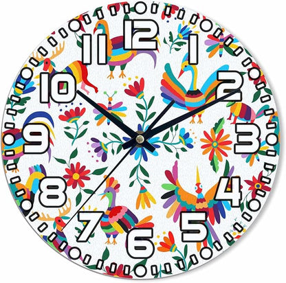 Animals Mexican Wall Clock Battery Operated Flowers Bird Spring Colorful Traditional Clip Art Wall Clock Silent Non Ticking Quality Quartz 10 Inch Round Easy Clock to Read for Home Office