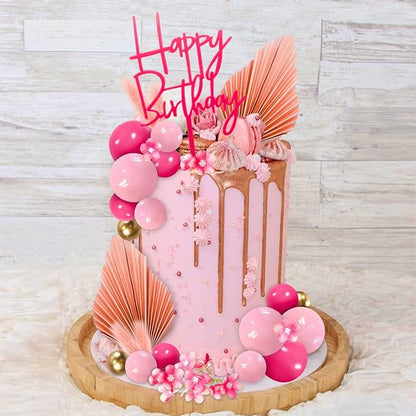 MEMOVAN Hot Pink Gold Balls Cake Toppers Flower Boho Cake Topper Balls Birthday Cake Decorations with Palm Leaves for Girl Bohemian Hot Pink Princess Theme Wedding Baby Shower Birthday Party-29PCS