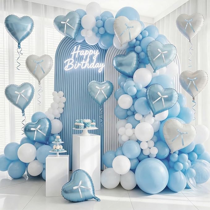 Blue White Heart Balloons with Ribbon Bow, 10 Pcs Baby Blue Cream Heart Shape Foil Balloons, 18 Inch Helium Balloon with Bow Decoration for Boy Baby Shower Baptism Brithday Bridal Shower Party Decor