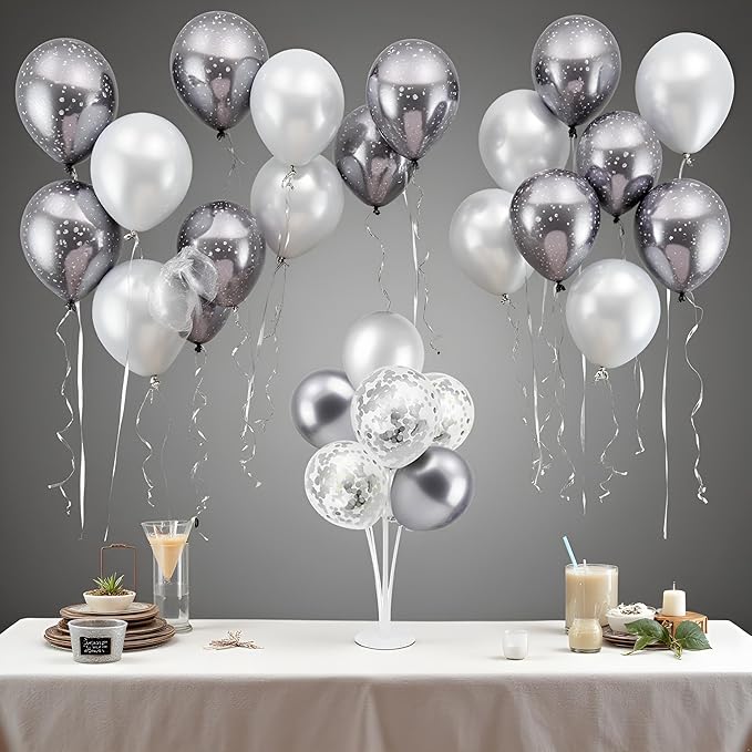 ZJDHPTY Silver and Gray Party Decorations,4 Set Balloon Stand with Pump and Silver Gray Balloons for 25th Birthday 25th Anniversary Wedding Bridal Shower Graduation New Year Party Supplies