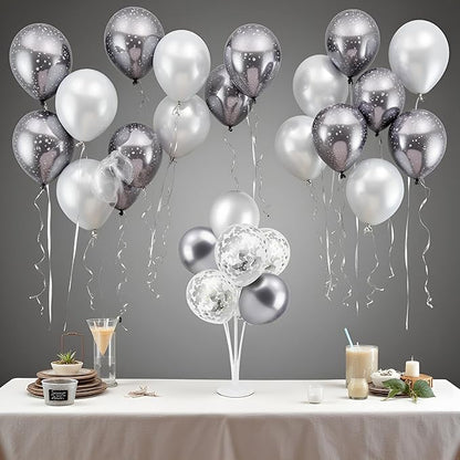 ZJDHPTY Silver and Gray Party Decorations,4 Set Balloon Stand with Pump and Silver Gray Balloons for 25th Birthday 25th Anniversary Wedding Bridal Shower Graduation New Year Party Supplies