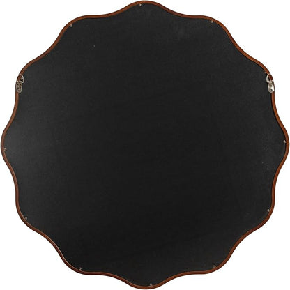 Kate and Laurel Talma Mid-Century Round Scalloped Wall Mirror; 30 Inch Diameter; Walnut Brown; Modern Circle Mirror with Solid Poplar Wood Frame and Rounded Frame Profile
