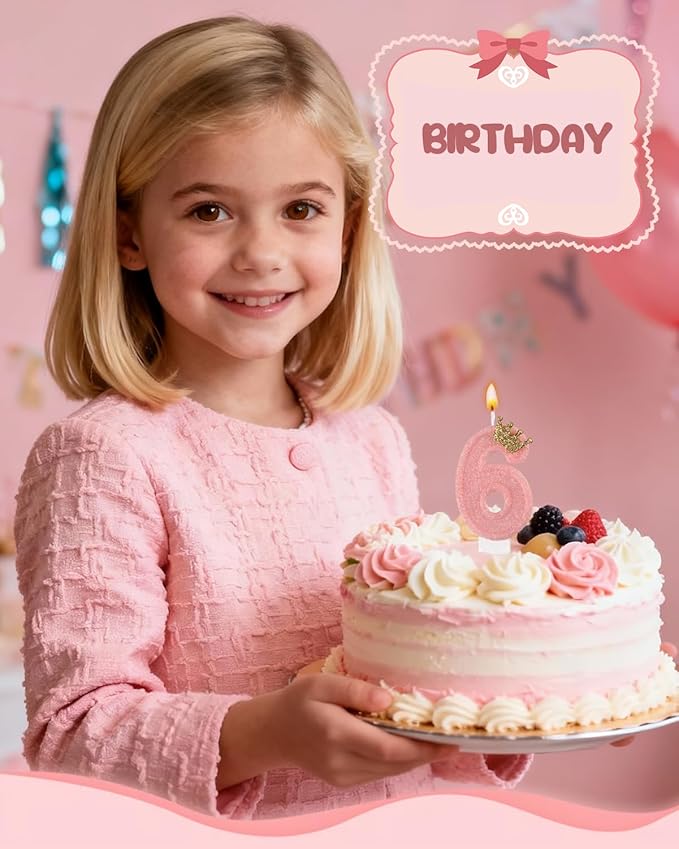 Birthday Candles for Cake, Pink Number Candles, Cake Candles with Cake Topper for Birthday Party Wedding Anniversary Celebrations (6 Candle)