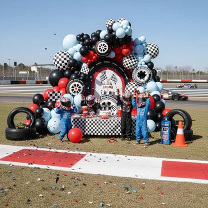 Race Car Balloon Arch Kit - 168Pcs Different Size Balloons Tire Flags Checkered Black Red Blue Balloon Garland Kit for Racing Car Two Fast 2nd Theme Boy Birthday Anniversary Party Decorations