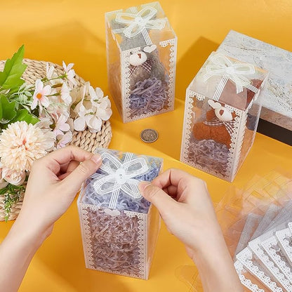 BENECREAT 50Pcs 3x3x5.9inch Transparent PVC Favor Boxes, Rectangle Bow Knot Pattern Clear Wedding Party Favour Boxes for Candy Chocolate, Festival Gift Packaging