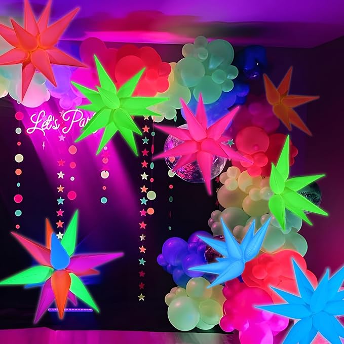 Mega-L Glow in The Dark Party Supplies, 5 Pcs Neon Explosion Star Balloons Kit, Neon Party Decorations, DIY Neon Balloon with 12 point Cone Balloons for Arches Birthday Wedding Carnival
