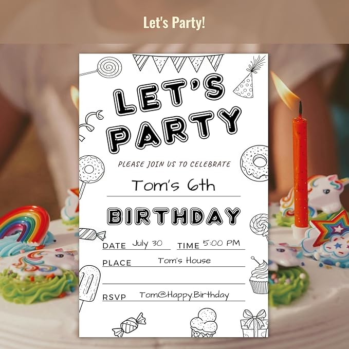 Let's Party Candyland Birthday Invitations for Girls Boys Teens Kids - Dessert, Hand Drawn Minimalism, Black and White, Candy Balloon Streamer - 25 Pcs 4x6 Inch with Envelopes (Black Pattern)