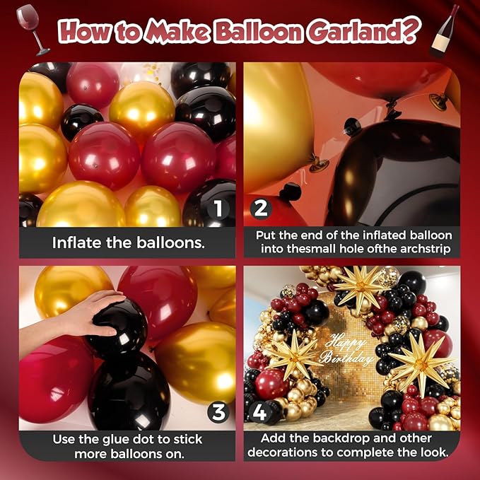 Burgundy Balloon Garland Arch Kit 162Pcs with Star, Burgundy Maroon Black Gold Balloon Arch Kit for 2026 Graduation Bridal Shower Prom Birthday Anniversary Bridal Shower Party Decor