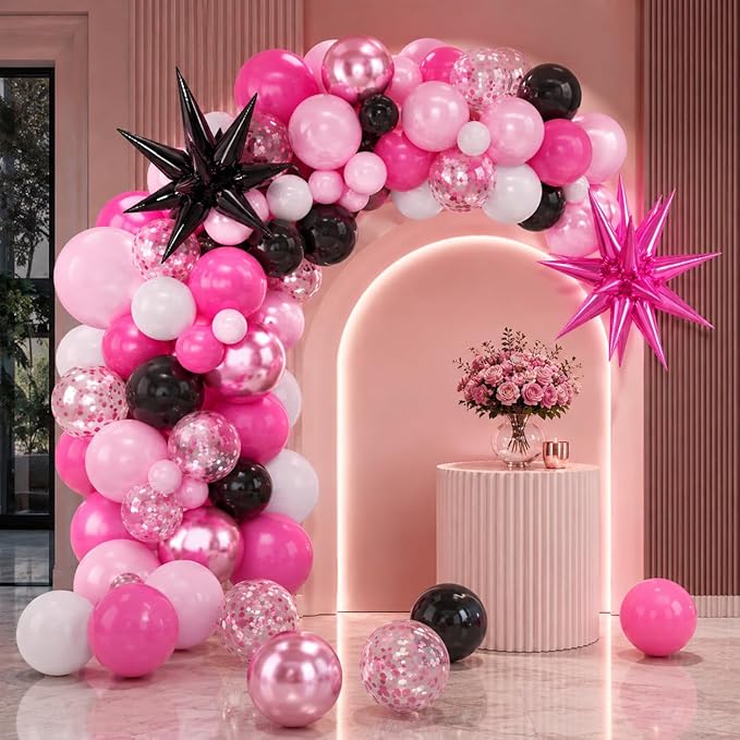 Pink and Black Balloons, 12 Inch Hot Pink and Black Party Decorations with Confetti Metalic Balloon Star Foil Balloons for Mouse Theme Birthday Wedding Bridal Shower Party Decoration