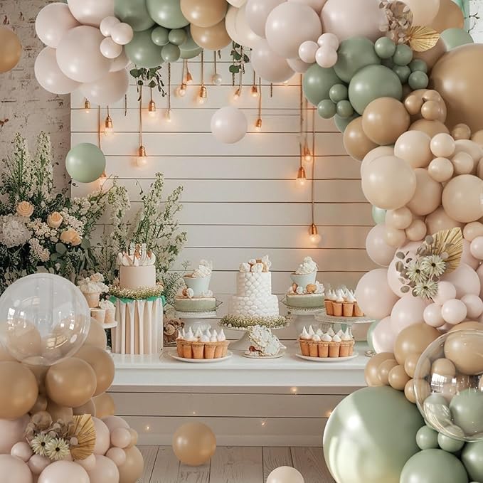 Sage Green Balloon Arch Kit 126Pcs Neutral Balloon Garland Arch Kit Include Dusty Green Sand White Tan Nude Clear Balloons for Wedding Boho Baby Shower Gender Reveal Birthday Party Decorations