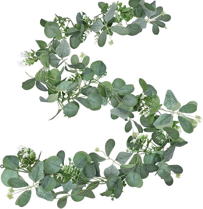 2 Pack Artificial Eucalyptus Garlands – 6ft Greenery Vines with Faux Eucalyptus Leaves, Butterfly Leaves, and White Flowers for Wedding Arch, Fireplace Mantel, Table, Doorway Decorations