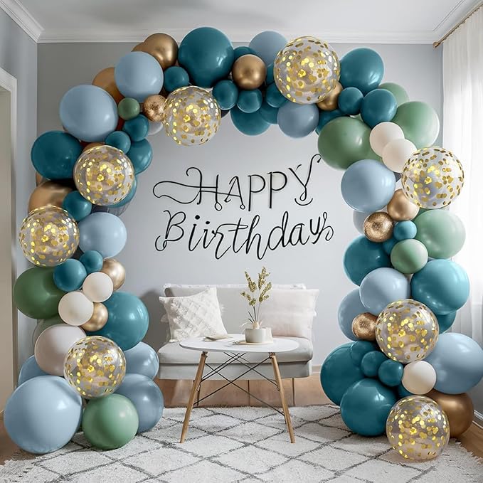 Dusty Blue Balloon Garland Arch Kit, Sage Green Dusty Blue Sand White Gold with Confetti Latex Balloons for Boy Baby Shower Wedding Birthday Party Decorations