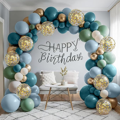 Dusty Blue Balloon Garland Arch Kit, Sage Green Dusty Blue Sand White Gold with Confetti Latex Balloons for Boy Baby Shower Wedding Birthday Party Decorations