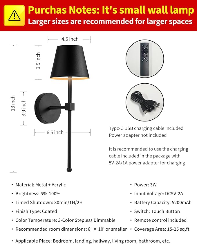KDG Wireless Wall Sconces Set of 2, Small Cordless 5200mAh Rechargeable Battery LED Wall Lamps, Stepless Dimming Lightings for Wall Painting, Living Room, Bedroom, Hallway, Gifts, Night Light (Black)