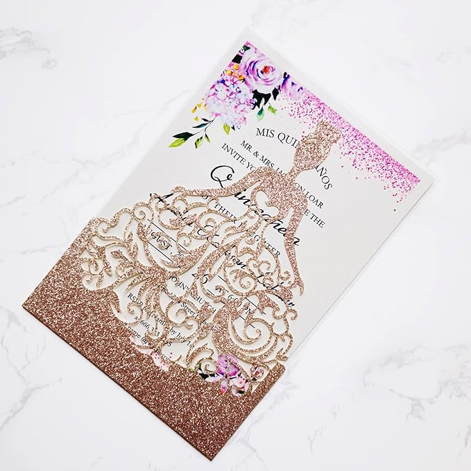 50PCS Personalized Wedding Invitations Cards with Envelopes 5 x7.3 Inch Laser Cut Hollow Girl Princess Pocket with Envelopes Crown Invitations Cards for Quinceañera Birthday Sweet 16, Party Invite (Rose Gold Glitter)