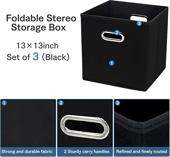 STOREONE 13 Inch Cube Organizer Bins ,Black Fabric Storage Bin，Foldable Storage Box Basket with Dual Handles Fabric Organizer Bins and collapsible Storage Boxes，Set of 3,Black