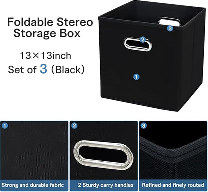 STOREONE 13 Inch Cube Organizer Bins ,Black Fabric Storage Bin，Foldable Storage Box Basket with Dual Handles Fabric Organizer Bins and collapsible Storage Boxes，Set of 3,Black