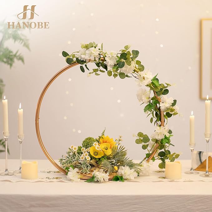 Hanobe Gold Cake Stand for Wedding: 11.7 Inch Round Arch Cupcake Display Stands with Wood Base Decorative Metal Hoop Centerpiece Decor for Party Birthday Baby Shower