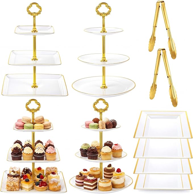 Willinglong 10 Pack Cake Stand Set Cake Stand with Gold Rim, 4 Three-tier Cupcake Stands, 4 Serving Trays, and 2 Tongs for Dessert Table Display, Elegant Plastic Pastry Tower for Weddings Showers