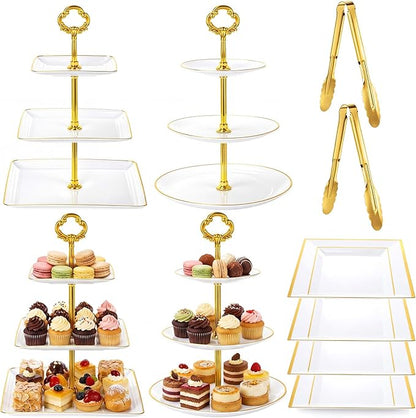 Willinglong 10 Pack Cake Stand Set Cake Stand with Gold Rim, 4 Three-tier Cupcake Stands, 4 Serving Trays, and 2 Tongs for Dessert Table Display, Elegant Plastic Pastry Tower for Weddings Showers