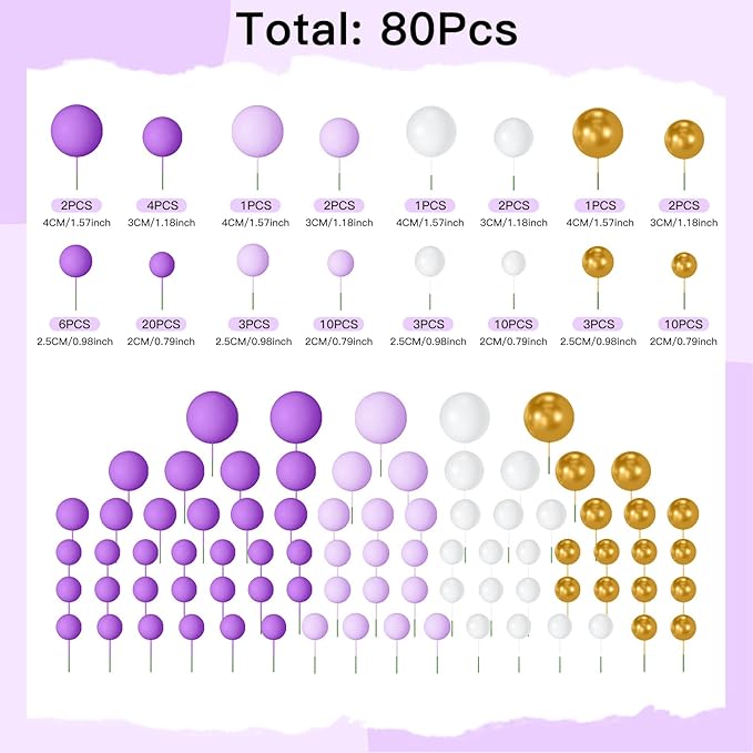 NACHLYNN 80 Pcs Cake Balls Decorations Mini Balloon Cake Topper Balls Foam Cupcake Toppers Balls for Cake Decorating Birthday Parties Weddings Anniversary (Purple Gold Series)