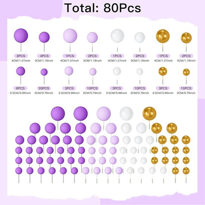 NACHLYNN 80 Pcs Cake Balls Decorations Mini Balloon Cake Topper Balls Foam Cupcake Toppers Balls for Cake Decorating Birthday Parties Weddings Anniversary (Purple Gold Series)