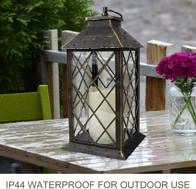 13.5" Outdoor Candle Lantern Decorative with LED Pillar Candle Battery Powered (Distressed Gold, 6hr Timer) - IP44 Waterproof Decorative Tabletop Lanterns Hanging Lanterns Indoor Outdoor