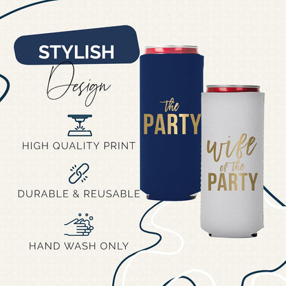 Wife of the Party and The Party Bachelorette Can Coolers - Set of 12, Perfect for Decorations and Bridesmaid Gifts (Navy, Slim)