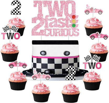 Two Fast Two Curious Birthday Decorations, 25Pcs Race Car Cake Topper Cupcake Toppers Pink for Girl 2nd Birthday Let’s Go Racing Party Supplies