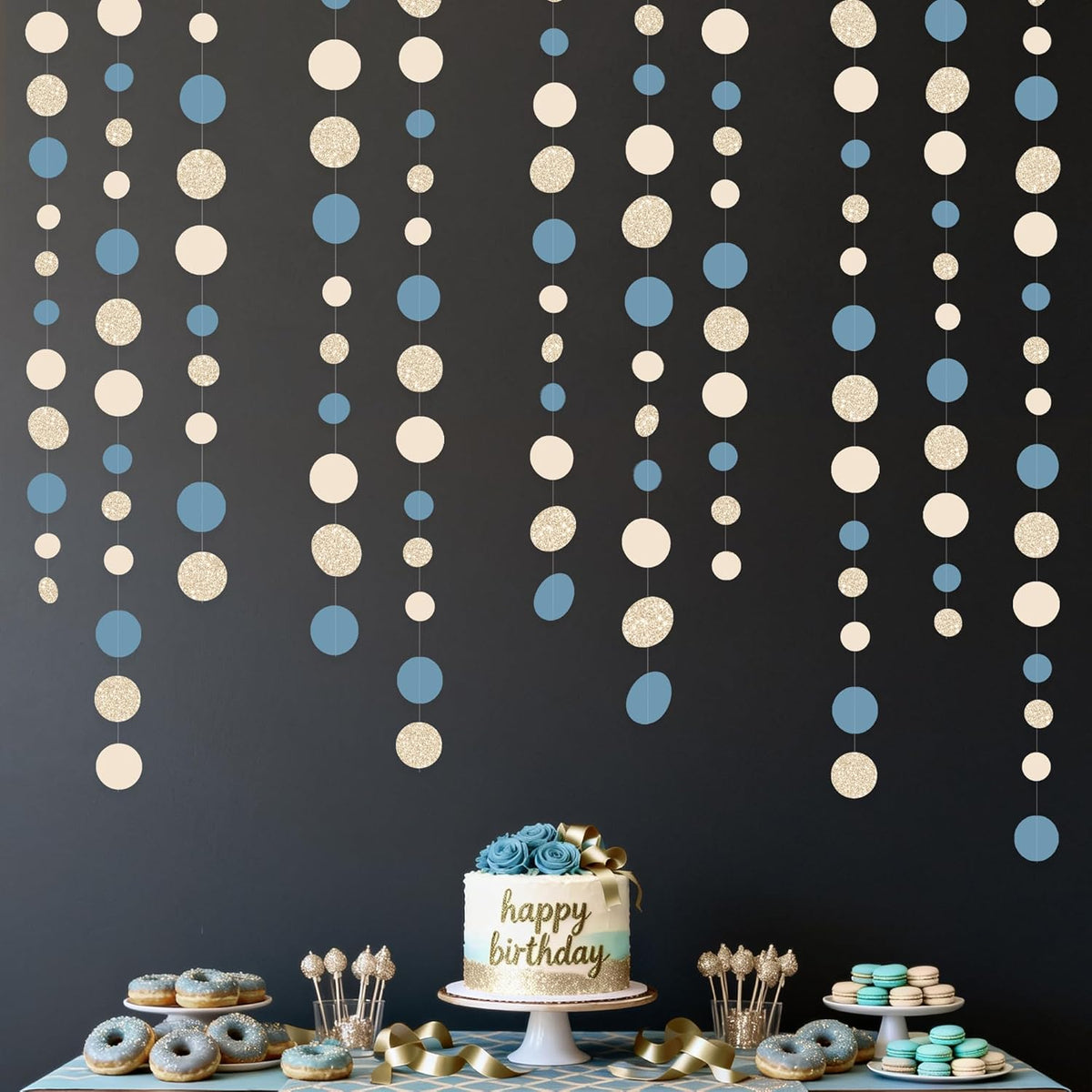 Champagne Gold Dusty Blue Beige Circle Dot Garland Hanging Paper Polka Dot Streamer for Men Boy Birthday Baby Shower Wedding Bridal Shower Retirement Engagement Bachelorette Party Decorations Supplies