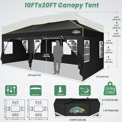 COBIZI 10x20 Pop Up Canopy Tent with 6 Removable Sidewalls, One Push Party Tent Outdoor Waterproof Event Canopy with Air Vent for Parties Commercial Wedding, 3 Height, Carry Bag, Sandbag, Black