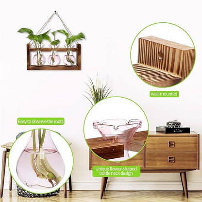 Plant Propagation Station Plant Terrarium Unique Birthday Gifts for Women Home Office Decor Planter with Wooden Stand - 3 Bulb Glass Vase