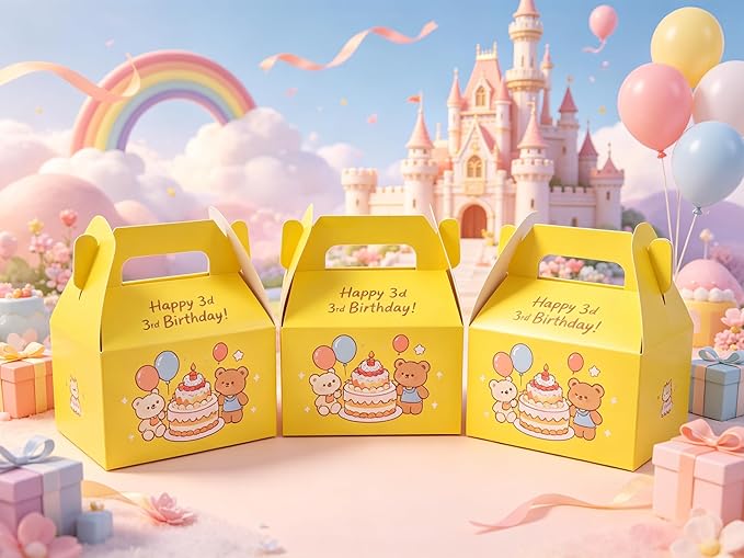 XAGLVV 24 Pack Yellow Gable Boxes with Handles 6.2x3.5x3.5 Inch Paper Party Favor Gift Box for Summer Parties Kids Birthdays Friendship Events Sunshine Themes