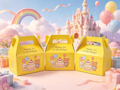 XAGLVV 24 Pack Yellow Gable Boxes with Handles 6.2x3.5x3.5 Inch Paper Party Favor Gift Box for Summer Parties Kids Birthdays Friendship Events Sunshine Themes