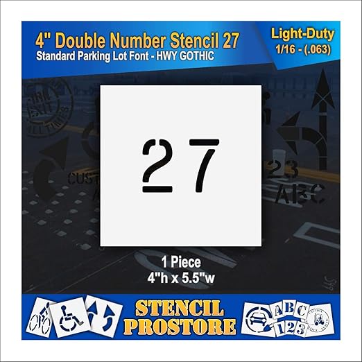 Pavement, Curb, and WheelStop Stencils - 4 inch Double Number Stencil - (27) - 4" x 5.5" x 1/16" (63 mil) - Light-Duty