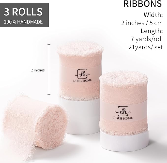 DORIS HOME Pink Chiffon Ribbon for Flower Bouquet, 2" x21Yd Fabric Ribbon for Gift Wrapping, Handmade Frayed Ribbon for Wedding, Chiffon Silk Ribbon for Christmas Decorations