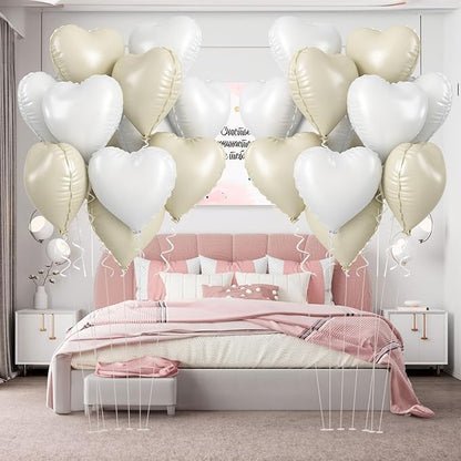 Cream Heart Foil Balloon, 18 Inch Sand White Heart Shape Foil Balloon, Beige Heart Balloons with Grey White Helium Balloons for Valentines Day Boho Birthday Bridal Shower Wedding Baby Shower
