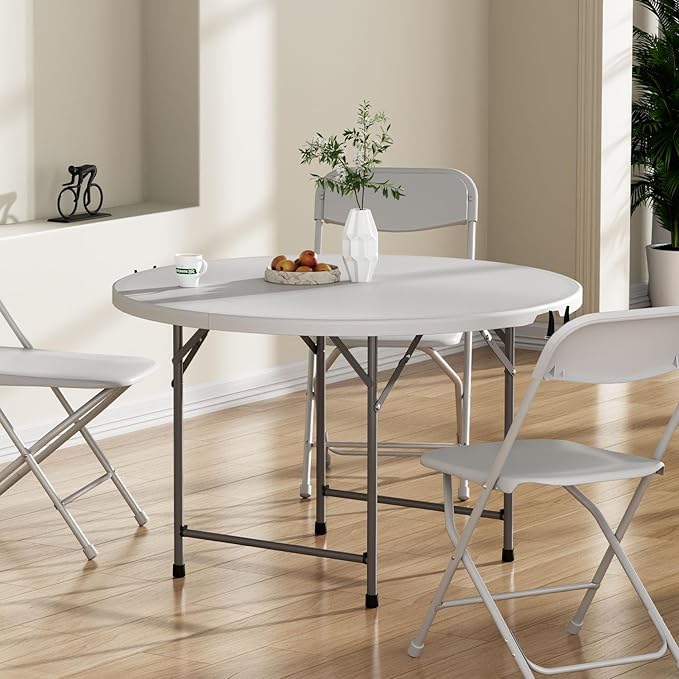 OS MOTOR 4ft Round Folding Table with Carry Handle, Portable Heavy Duty Plastic Utility Table with Steel Legs for Party, Wedding, Camping, Indoor, Outdoor Event, 48 Inch, White