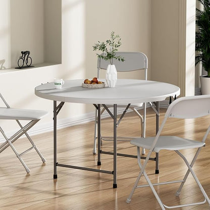 OS MOTOR 4ft Round Folding Table with Carry Handle, Portable Heavy Duty Plastic Utility Table with Steel Legs for Party, Wedding, Camping, Indoor, Outdoor Event, 48 Inch, White
