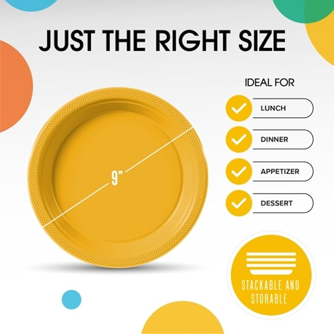 Exquisite Party Solids Yellow Plastic Plates For Party Supplies 9" Yellow Disposable Plates Heavy Duty 50 Pcs Plastic Dinnerware Sets Heavy Duty 350 GSM Disposable Dinnerware Set