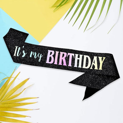 It's My Birthday Sash, Dazzle Foil Letter Glitter Black Birthday Sash for Women Men Girl Boy Kids Teenager Funny Bday Gifts Party Favors Photo Prop