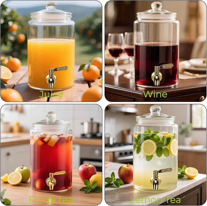 Glass Drink Dispensers For Parties, 1 Gallon Beverage Dispenser With Glass Airtight Lids, Gold Metal Stand And Stainless Steel Spigot. Lemonade & Juice Dispenser With Chalk board-One Pack