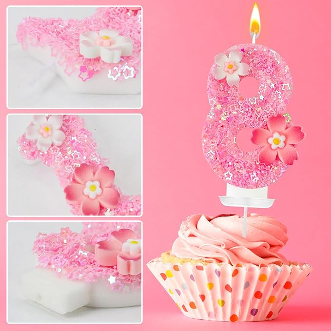 Pink Flower Birthday Candle,Number Birthday Candles for Cake, Ideal Birthday Parties Cake Decor, Wedding Anniversary and Other Celebrations (Number 8, Pink)