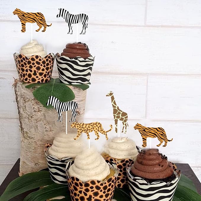 Sursurprise Young Wild & Three Cake Topper Jungle Animals Cupcake Toppers, Safari Jungle Animal Print Happy 3rd Birthday Cake Decor, Third Birthday Party Decorations 25 Pack
