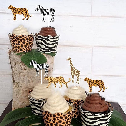 Sursurprise Young Wild & Three Cake Topper Jungle Animals Cupcake Toppers, Safari Jungle Animal Print Happy 3rd Birthday Cake Decor, Third Birthday Party Decorations 25 Pack