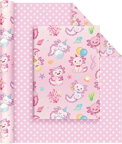 WERNNSAI Axolotl Wrapping Paper - 1 Roll 17” x 33 ft Girls Birthday Wrapping Paper Pink Salamander Pattern Gift Wrap Roll for Kids Girls Ocean Theme Party Favor Polka Design