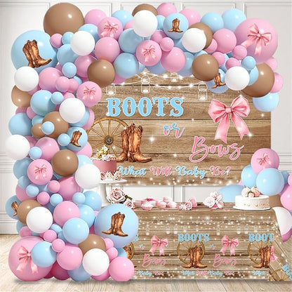 MEHOFOND Boots or Bows Gender Reveal Decorations Kit, 116Pcs Pink and Blue Balloon Arch Set with Rustic Western Backdrop and Tablecloth, What Will Baby Be Cowgirl Cowboy Gender Reveal Party Supplies