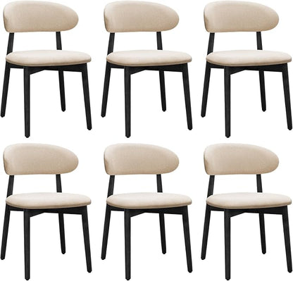 Farmhouse Dining Chairs Set of 6, Mid Century Modern Fabric Upholstered Kitchen Chairs, Wooden Dining Room Chair with Curved Back&Black Legs for Kitchen Dining Room Restaurant Cafe, Beige, Only Chairs